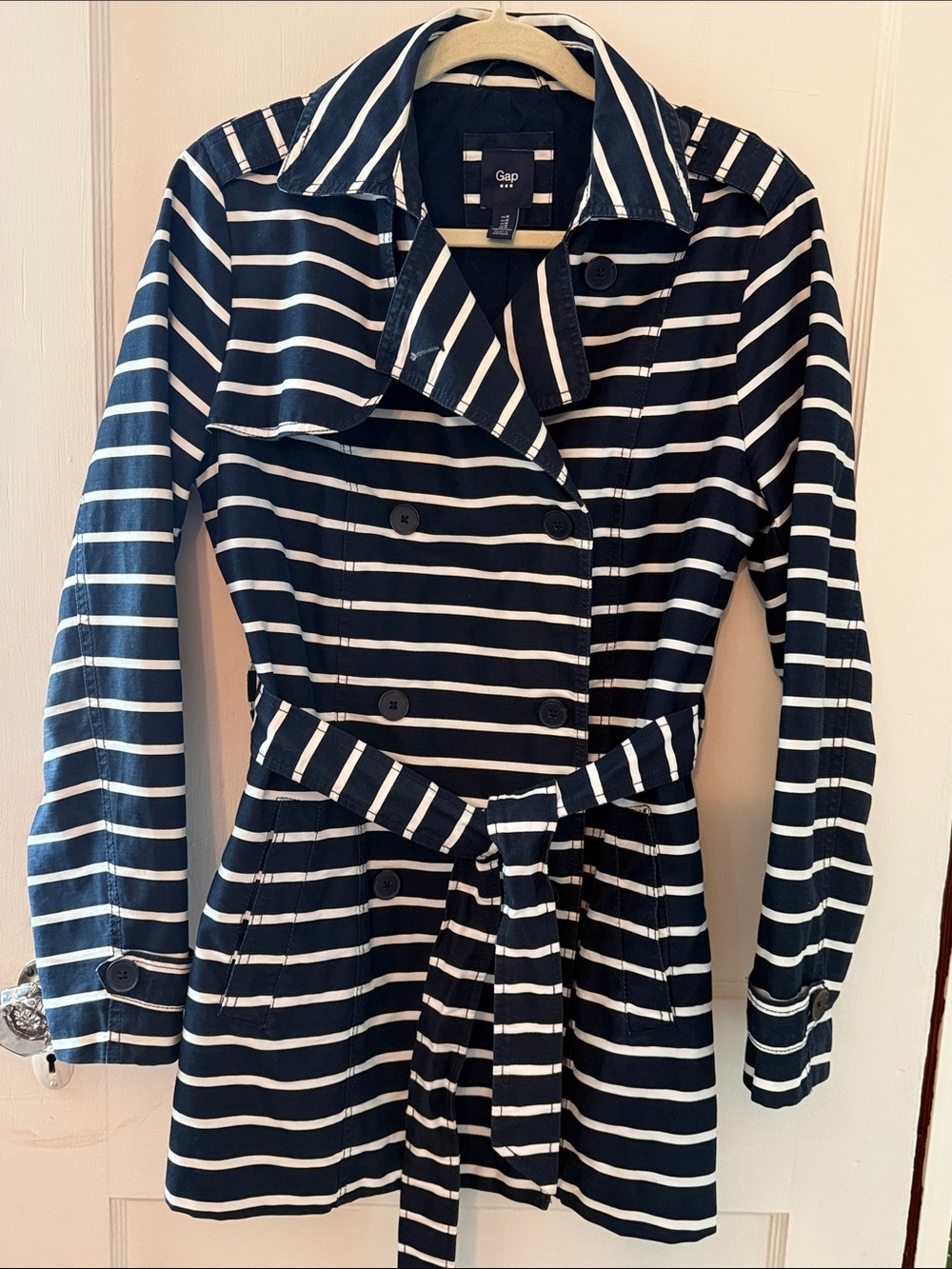 GAP Navy and White Striped Double-Breasted Trench Coat